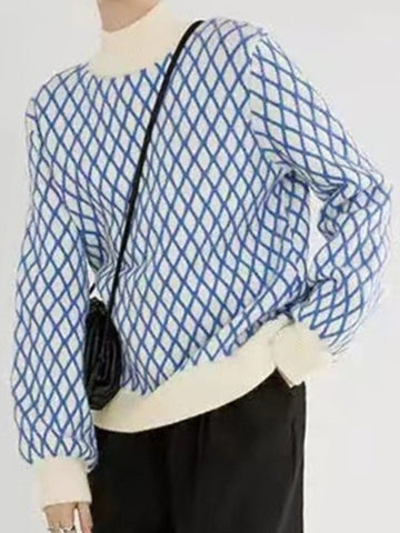 Winter Plaid Pullover Women Casual Loose Knitted Sweater Vintage Long Sleeve Knitwear Female Elegant Thick Warm Jumper