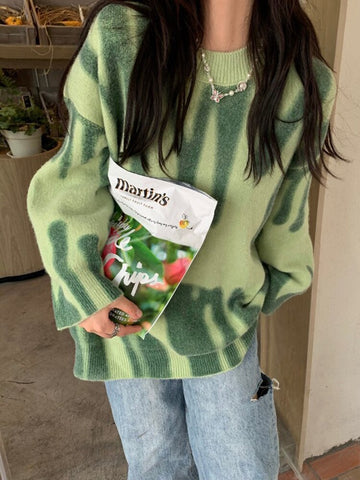 Winter Printed Oversized Pullover Women Green Striped Knitted Sweater Casual Elegant Long Sleeve Jumper Vintage Loose Pull Femme