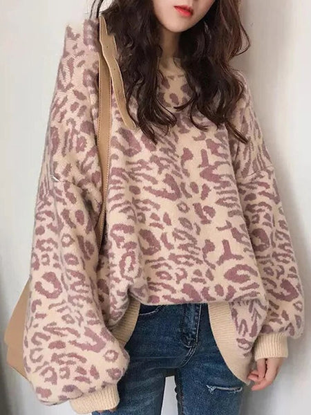 Winter Printed Pullovers Women Leopard Knitted Sweater Thick Oversized Sweater Casual Loose O Neck Knitwear Long Sleeved Jumper