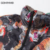 Winter Reversible Parkas Jacket Streetwear Hip Hop Tiger Chinese Dragon Print Thicken Warm Bubble Coats Harajuku Jackets