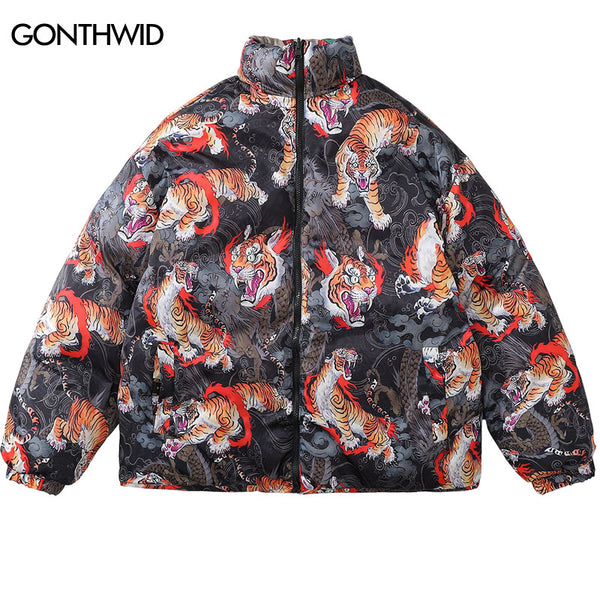 Winter Reversible Parkas Jacket Streetwear Hip Hop Tiger Chinese Dragon Print Thicken Warm Bubble Coats Harajuku Jackets