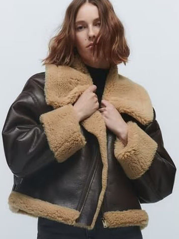 Winter Short Fur Jacket Women Double-sided Wool Coat Casual One Lamb Warm Outerwear Streetwear Zipper Jacket With Pocket