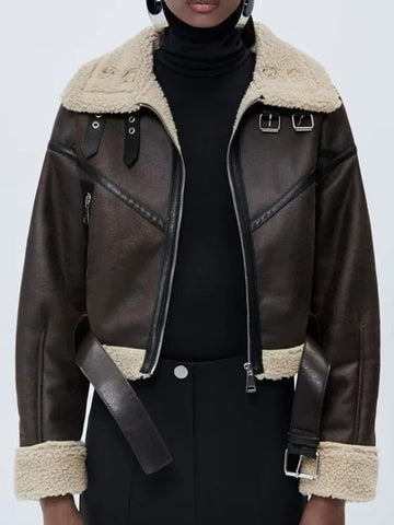 Winter Short Leather Jacket Women Thick Coat With Belt Lamb Thick Warm Outerwear Casual Wool Long Sleeve Coat Streetwear