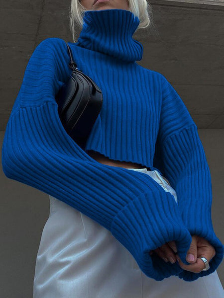 Winter Short Pullover Women Casual Turtleneck Knitted Sweater Solid Elegant Flare Sleeve Knitwear Female Warm Jumper