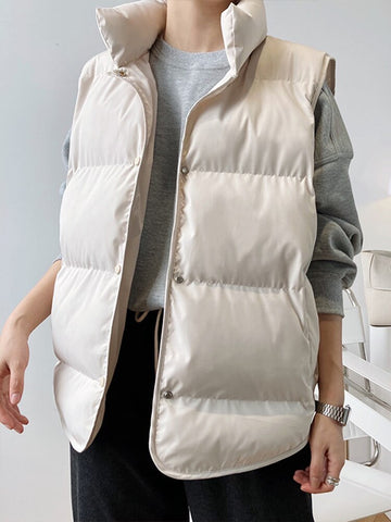 Winter Sleeveless Jacket Women Casual Button Down Vest Korean Solid Waistcoat Female Loose Stand Collar Coat With Pocket