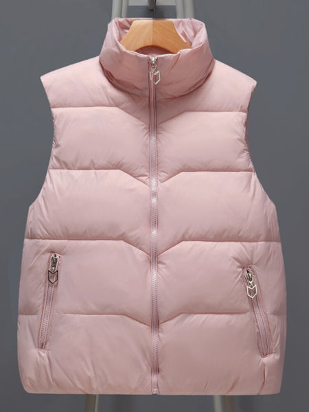 Winter Sleeveless Jacket Women Casual Solid Down Vest Korean Zipper Waistcoat Female Loose Stand Collar Coat With Pocket