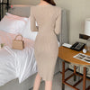 Winter Slim Fit Dress Knitted Sweater Dress High Waist Elegant Dresses for Women Solid V Neck Vestido Maxi