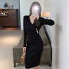 Winter Slim Fit Dress Knitted Sweater Dress High Waist Elegant Dresses for Women Solid V Neck Vestido Maxi