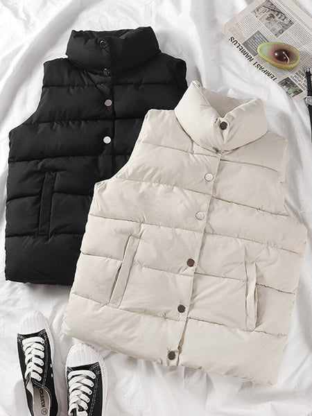 Winter Solid Down Vest Women Casual Thick Sleeveless Jacket Korean Button Waistcoat Stand Collar Warm Vest With Pocket