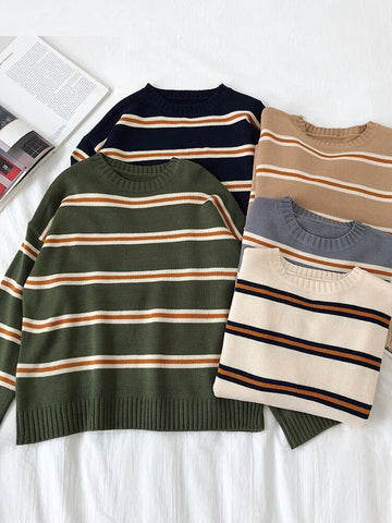 Winter Striped Pullover Women Casual O Neck Knitted Sweater  Loose Vintage Long Sleeve Jumper Female Korean Knitwear Feminino