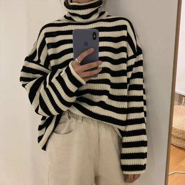Winter Striped Sweater Women Turtleneck Knitted Pullover Vintage Loose Jumpers Harajuku Long Sleeved Thicken Sweater Pull Femme