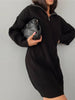Winter Sweater Dress Women Lapel Zipper Knitted Dress Casual Loose Long Sleeve Knitwear Female Vintage Solid Thick Dress