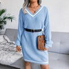 Winter Sweater Dress Women Oversized V Neck Midi Knitted Dress Casual Loose Long Sleeve Knitwear Female Striped Warm Jumper