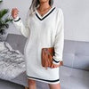 Winter Sweater Dress Women Oversized V Neck Midi Knitted Dress Casual Loose Long Sleeve Knitwear Female Striped Warm Jumper