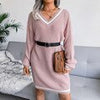 Winter Sweater Dress Women Oversized V Neck Midi Knitted Dress Casual Loose Long Sleeve Knitwear Female Striped Warm Jumper