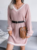 Winter Sweater Dress Women Oversized V Neck Midi Knitted Dress Casual Loose Long Sleeve Knitwear Female Striped Warm Jumper