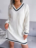 Winter Sweater Dress Women Oversized V Neck Midi Knitted Dress Casual Loose Long Sleeve Knitwear Female Striped Warm Jumper