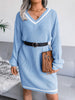Winter Sweater Dress Women Oversized V Neck Midi Knitted Dress Casual Loose Long Sleeve Knitwear Female Striped Warm Jumper