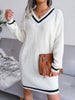 Winter Sweater Dress Women Oversized V Neck Midi Knitted Dress Casual Loose Long Sleeve Knitwear Female Striped Warm Jumper