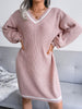 Winter Sweater Dress Women Oversized V Neck Midi Knitted Dress Casual Loose Long Sleeve Knitwear Female Striped Warm Jumper