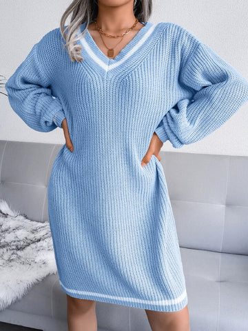 Winter Sweater Dress Women Oversized V Neck Midi Knitted Dress Casual Loose Long Sleeve Knitwear Female Striped Warm Jumper