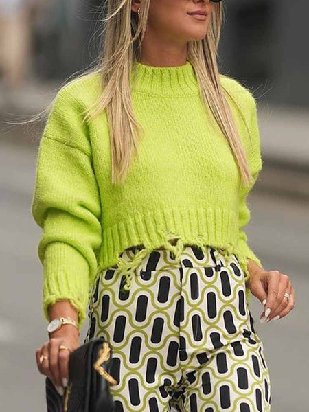 Winter Tassel Pullover Women Ripped Hole Hem Knit Sweater Casual Loose Long Sleeve Knitwear Female Solid O Neck Knitwear