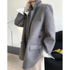Winter Thickened Woolen Blended Suit Lapel Wide Shoulder Leisure Loose Women Black Oversized Blazers And Jackets