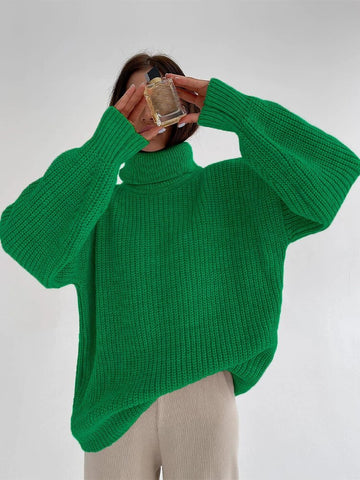 Winter Turtleneck Knit Sweater Women Thick Oversize Pullover Casual Loose Green Knitwear Female Solid Vintage Long Sleeve Jumper