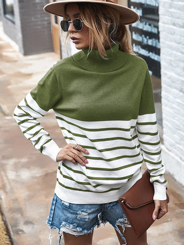 Winter Turtleneck Pullover Women Casual Kintted Stripe Sweater Fall Loose Long Sleeve Jumper Vintage Elegant Knitwear Pull Femme