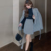 Winter Woman Tweed Two Piece Set Plaid Double Breasted Long Sleeve Belt Midi Blazer Jacket + High Waist Mini Skirt Suit