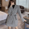 Winter Woman Tweed Two Piece Set Plaid Double Breasted Long Sleeve Belt Midi Blazer Jacket + High Waist Mini Skirt Suit