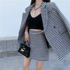 Winter Woman Tweed Two Piece Set Plaid Double Breasted Long Sleeve Belt Midi Blazer Jacket + High Waist Mini Skirt Suit