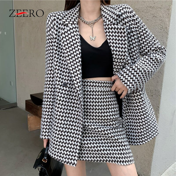 Winter Woman Tweed Two Piece Set Plaid Double Breasted Long Sleeve Belt Midi Blazer Jacket + High Waist Mini Skirt Suit