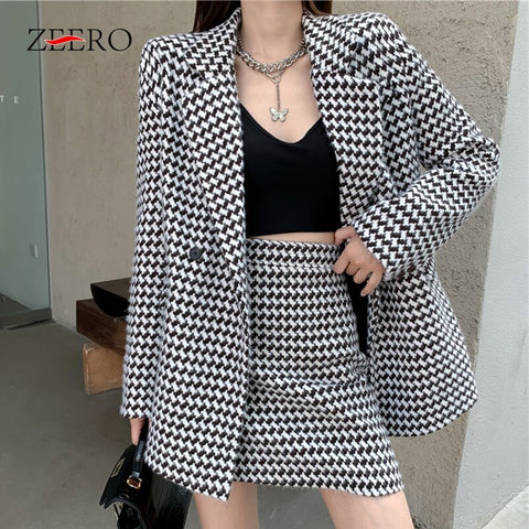 Winter Woman Tweed Two Piece Set Plaid Double Breasted Long Sleeve Belt Midi Blazer Jacket + High Waist Mini Skirt Suit