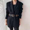 Winter Women Black Wool Coats Notch Lapel Gold Buckles Belt Slim Woolen Thick Jacket Office Lady Warmness Outwear Female