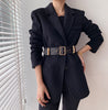 Winter Women Black Wool Coats Notch Lapel Gold Buckles Belt Slim Woolen Thick Jacket Office Lady Warmness Outwear Female
