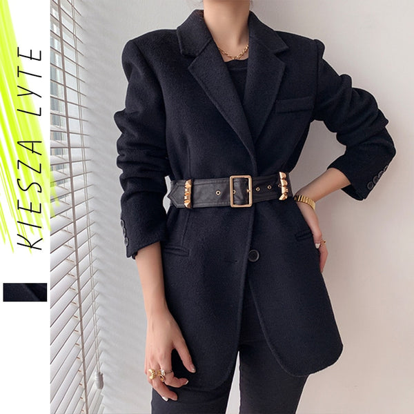 Winter Women Black Wool Coats Notch Lapel Gold Buckles Belt Slim Woolen Thick Jacket Office Lady Warmness Outwear Female