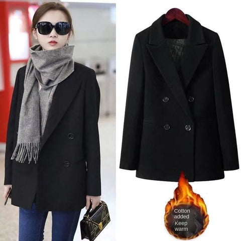 Winter Women's Black Woolen Suit Jacket Plus Cotton Korean Casual All-match Suits Slim Warm Coat Traf Ropa Mujer