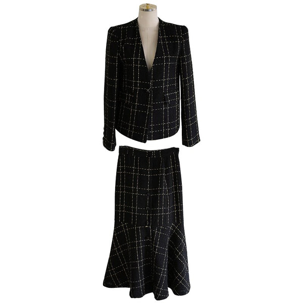 Winter v-neck Vintage woolen Office Blazer Top +mermaid Skirt Two Piece Work Sets Plaid