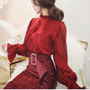 With Belt Runway Style Spring Skirt Suit Women Flare Sleeve Print Ruffles Blouses Tops And Shiny Long Skirts Suits Set NS398