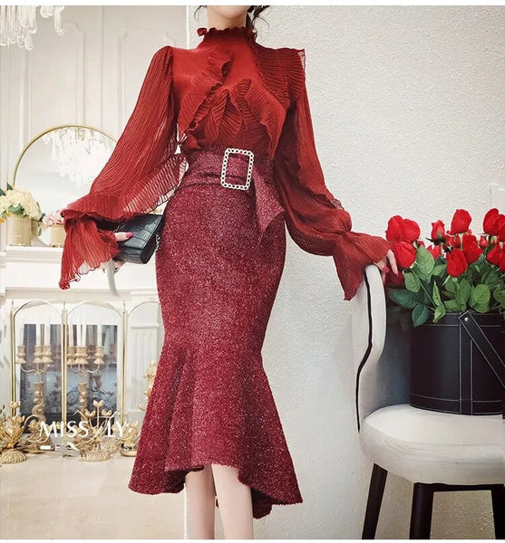 With Belt Runway Style Spring Skirt Suit Women Flare Sleeve Print Ruffles Blouses Tops And Shiny Long Skirts Suits Set NS398