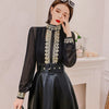 With Belt!  Women Autumn Spring Vintage Golden Embroidery Blouses And PU Long Elegant Skirts Suit Sets Clothing Set NS604
