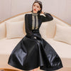 With Belt!  Women Autumn Spring Vintage Golden Embroidery Blouses And PU Long Elegant Skirts Suit Sets Clothing Set NS604