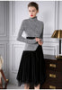 With Belt! Women's Skirts Suits Knit Stand Neck Long Irregular Sweaters Tops And Spliced Velvet Long Skirt Suits Set NS988