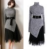 With Belt! Women's Skirts Suits Knit Stand Neck Long Irregular Sweaters Tops And Spliced Velvet Long Skirt Suits Set NS988