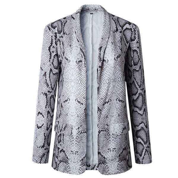 With Pockets Outerwear Slim Fit Women Blazer Turn-down Collar Long Sleeve Daily Wear Snakeskin Printed Party Open Front Shopping