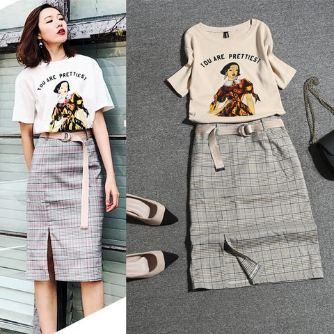 With Sashes! Women's Summer Skirts Suits Short Sleeve Ladies Print Tees Blouse And Plaid Knee Length Cut Skirt Suits Set NS243