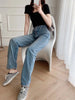 Withered England High Street Vintage Mom Jeans Woman Washed Medium Waist Jeans Denim Pants For Women Straight Jeans For Women