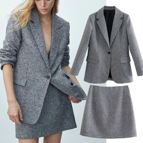 Withered England Style Office Lady Vintage Houndstooth Plaid Casual Blazer Women Aline High Waist Mini Skirts Women Sets
