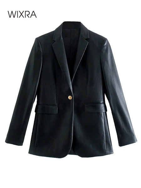 Wixra Women PU Faux Leather Blazer Turn-down Collar Single Button Jacket Coat Autumn Winter Streetwear Outerwear